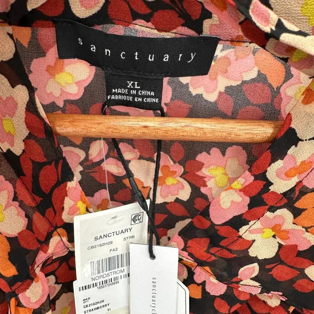 SANCTUARY NWT Tie Neck Floral Ruffle Blouse in Strawberry Fields // XL - Picture 7 of 14